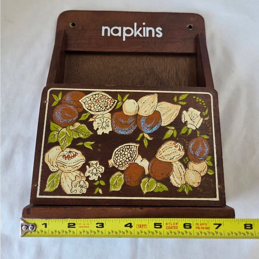 Vintage Wooden Napkin Holder Wall Mount Cottagecore Country Kitchen Floral Fig